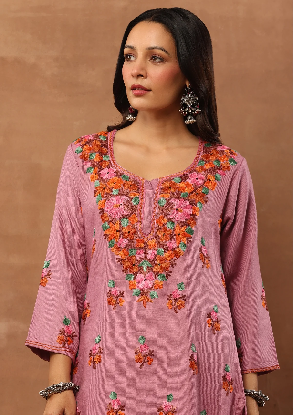 HOC Woollen Aari Embroidered Solid Women's 2 PC Long Kurta Set - Lavender - Healthber