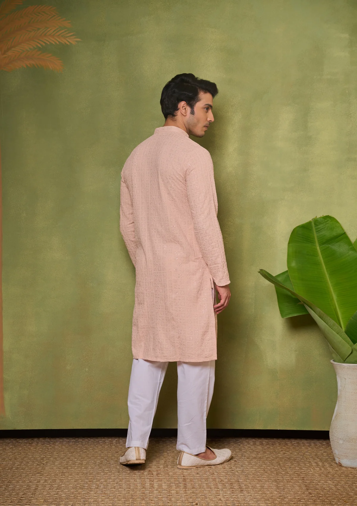 HOC Rayon Embroidered With Sequins Solid Men's Long Kurta- Peach - Healthber