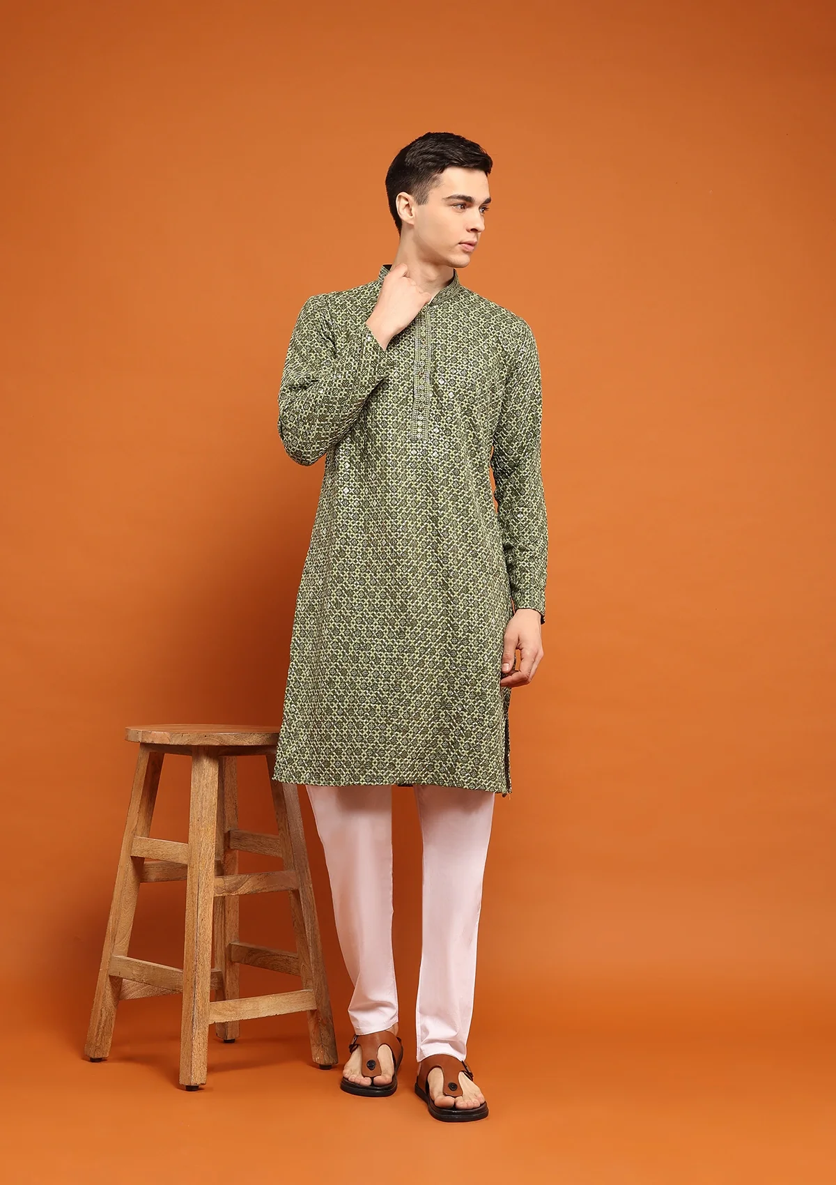 HOC Rayon Embroidered With Sequins Solid Men's Long Kurta- Green - Healthber