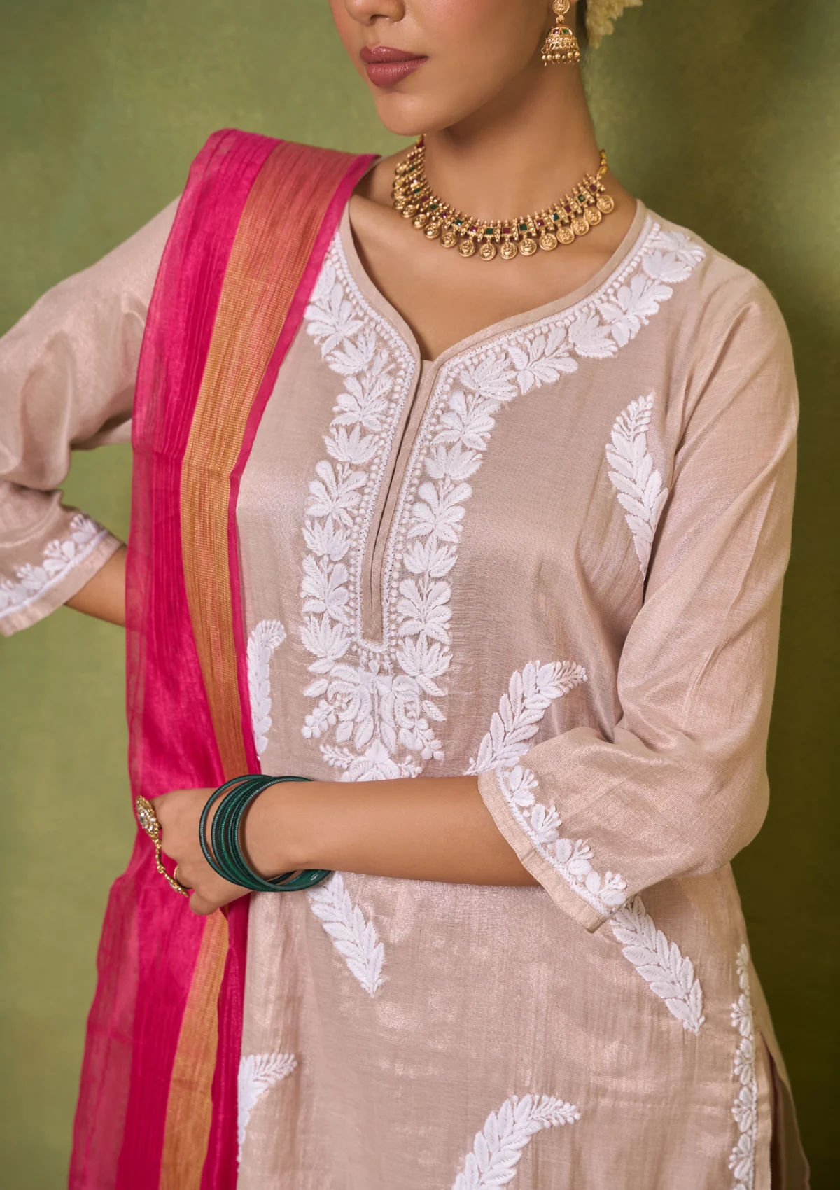 HOC Tissue Silk Chikankari Solid Women's 4 PC Long Kurta Set - Beige - Healthber