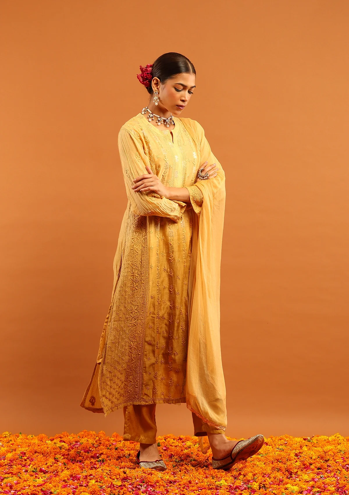 HOC Banarasi Mul Chanderi Chikankari Solid Women's 4 PC Straight Kurta Set - Yellow - Healthber