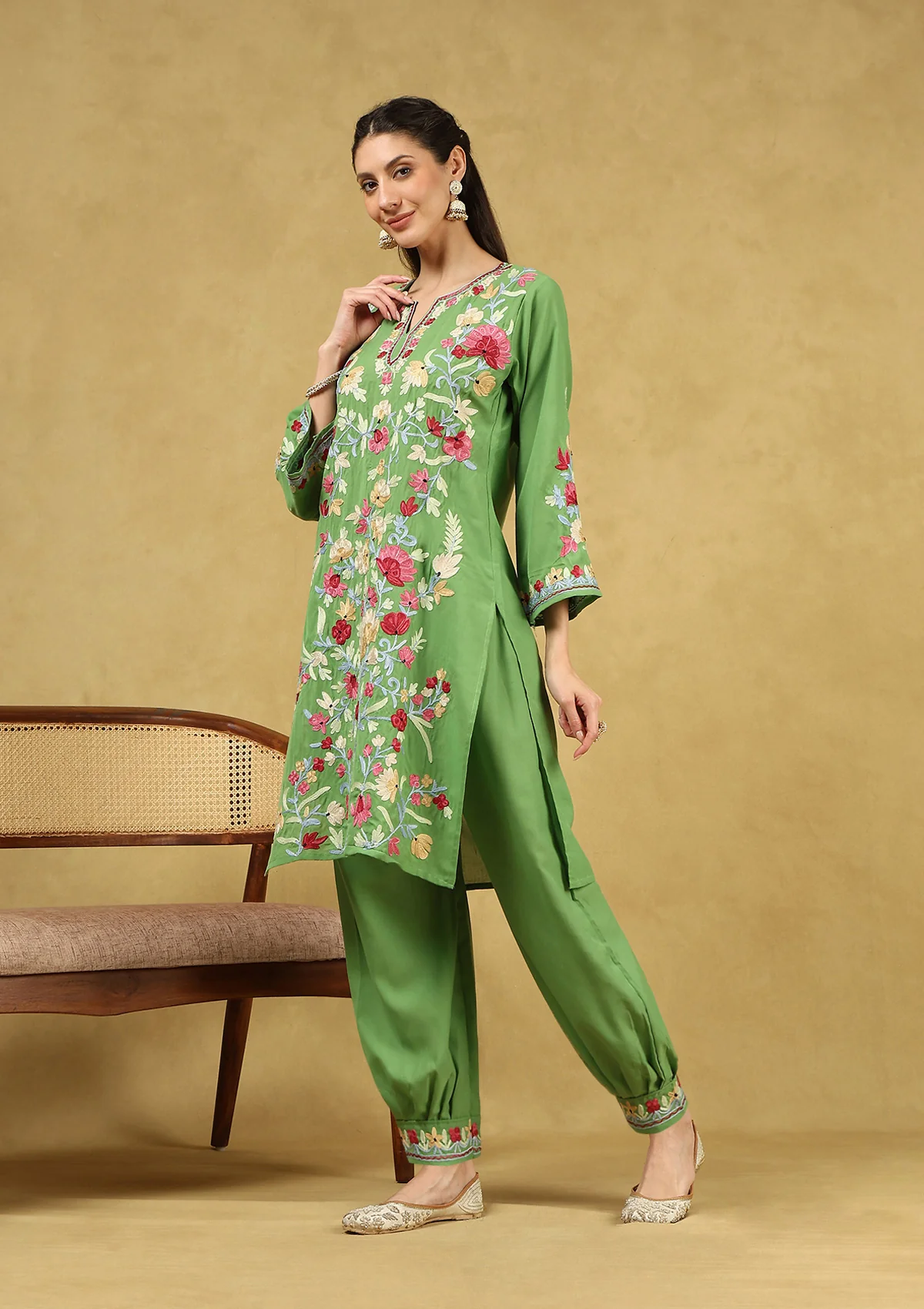 HOC Cotton Aari Embroidered Solid Women's 3 PC Short Kurta Set with Dupatta - Parrot Green - Healthber