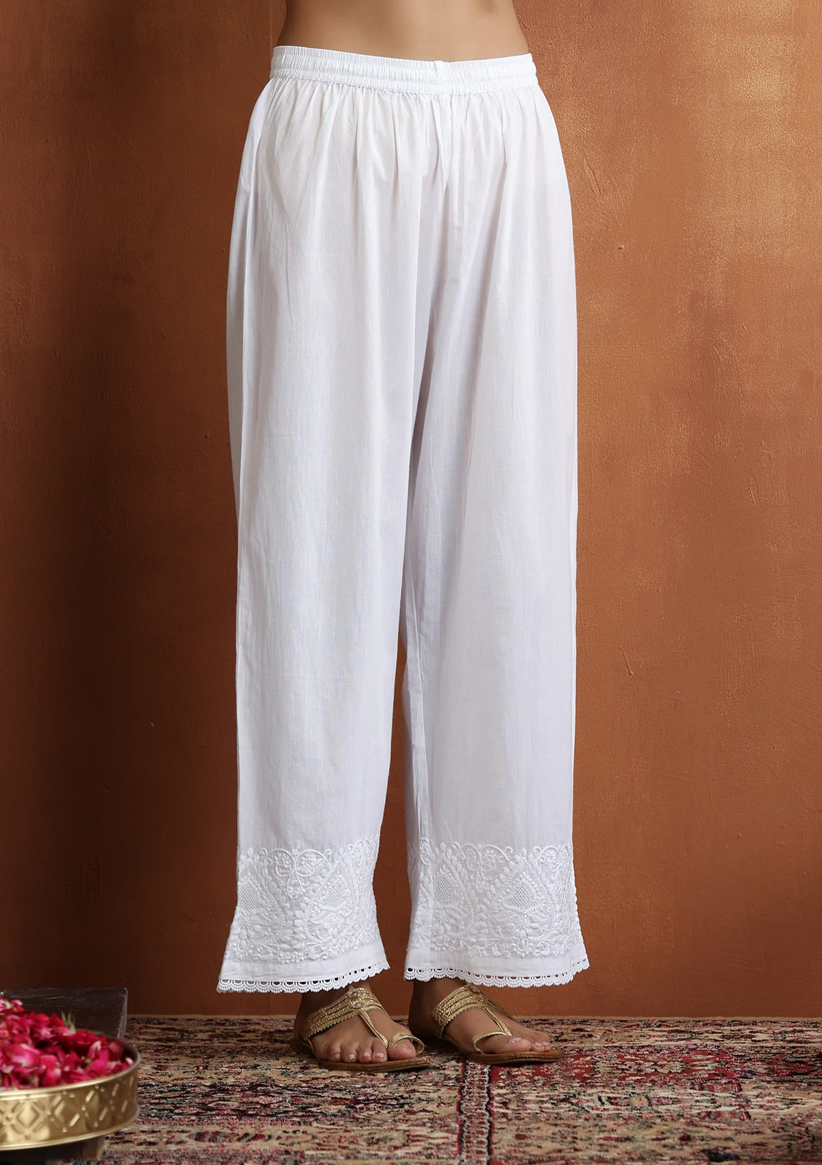 HOC Cotton Chikankari Solid Women's Palazzo With Lace - White - Healthber