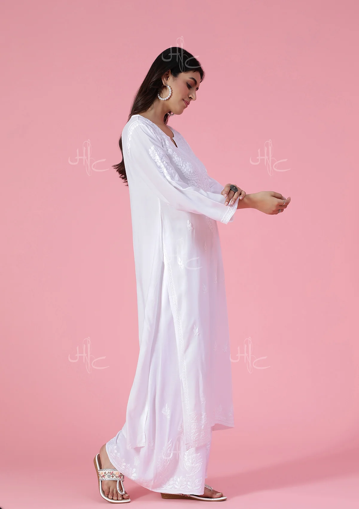 HOC Rayon Chikankari Solid Women's Long Kurta - White - Healthber