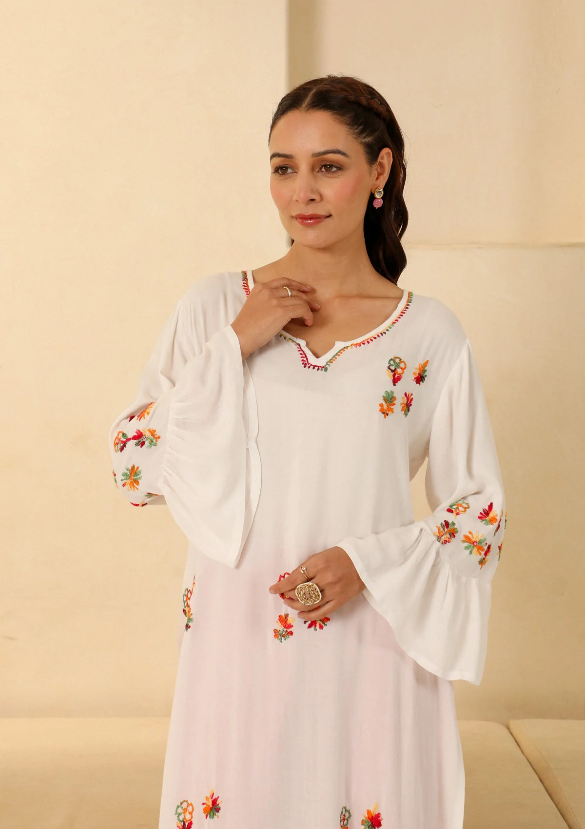 HOC Rayon Chikankari Solid Women's long kurta - White - Healthber