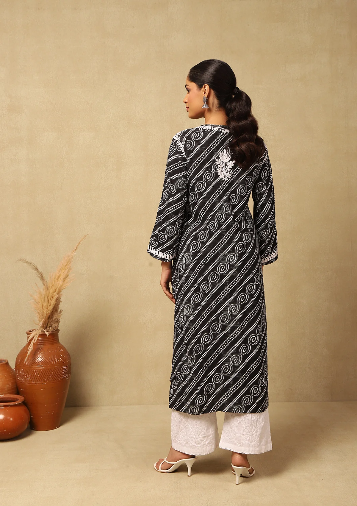 HOC Rayon Chikankari Bandhani Printed Women's Long Kurta-Black - Healthber