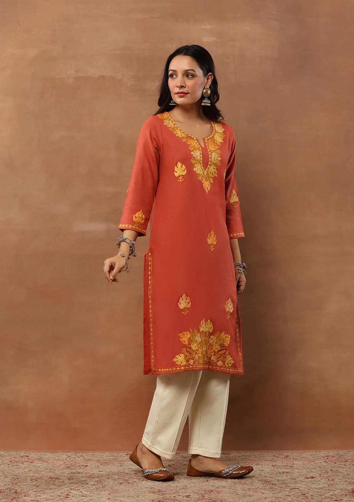 HOC Aari Embroidered Woollen Solid Women's Long Kurta - Coral - Healthber
