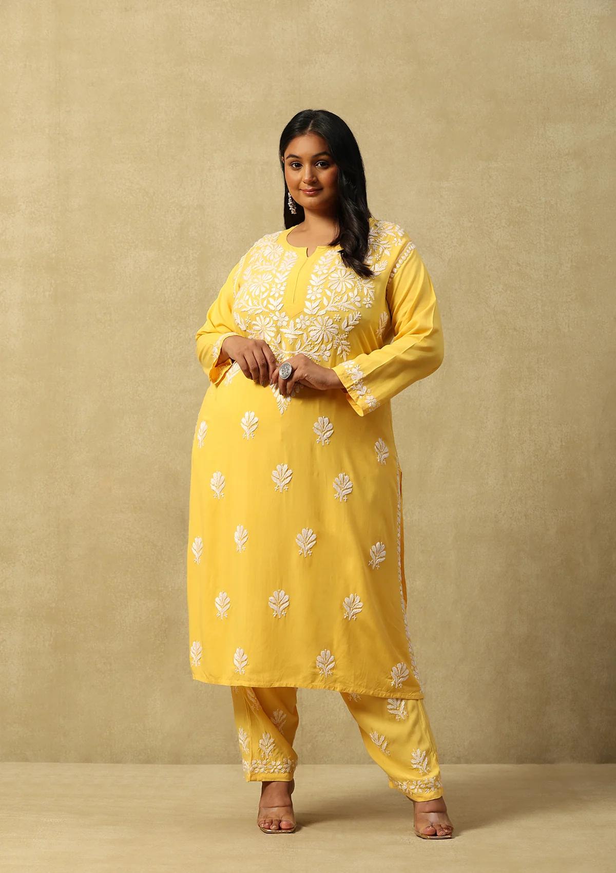 HOC Rayon Chikankari Solid Women's 2 PC Long Kurta Set-Yellow - Healthber