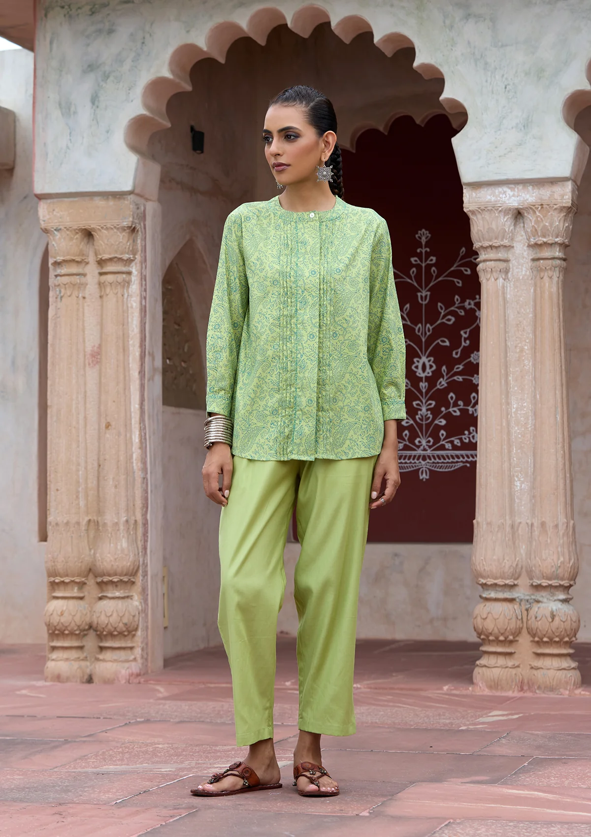 HOC Glazed Cotton Hand Block Printed with Hand Embroidery Women's 2 PC Co-ord Set - Green - Healthber