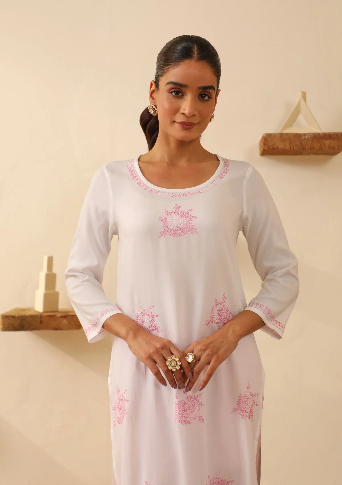 HOC Rayon Chikankari Solid Women's Long Kurta - White - Healthber