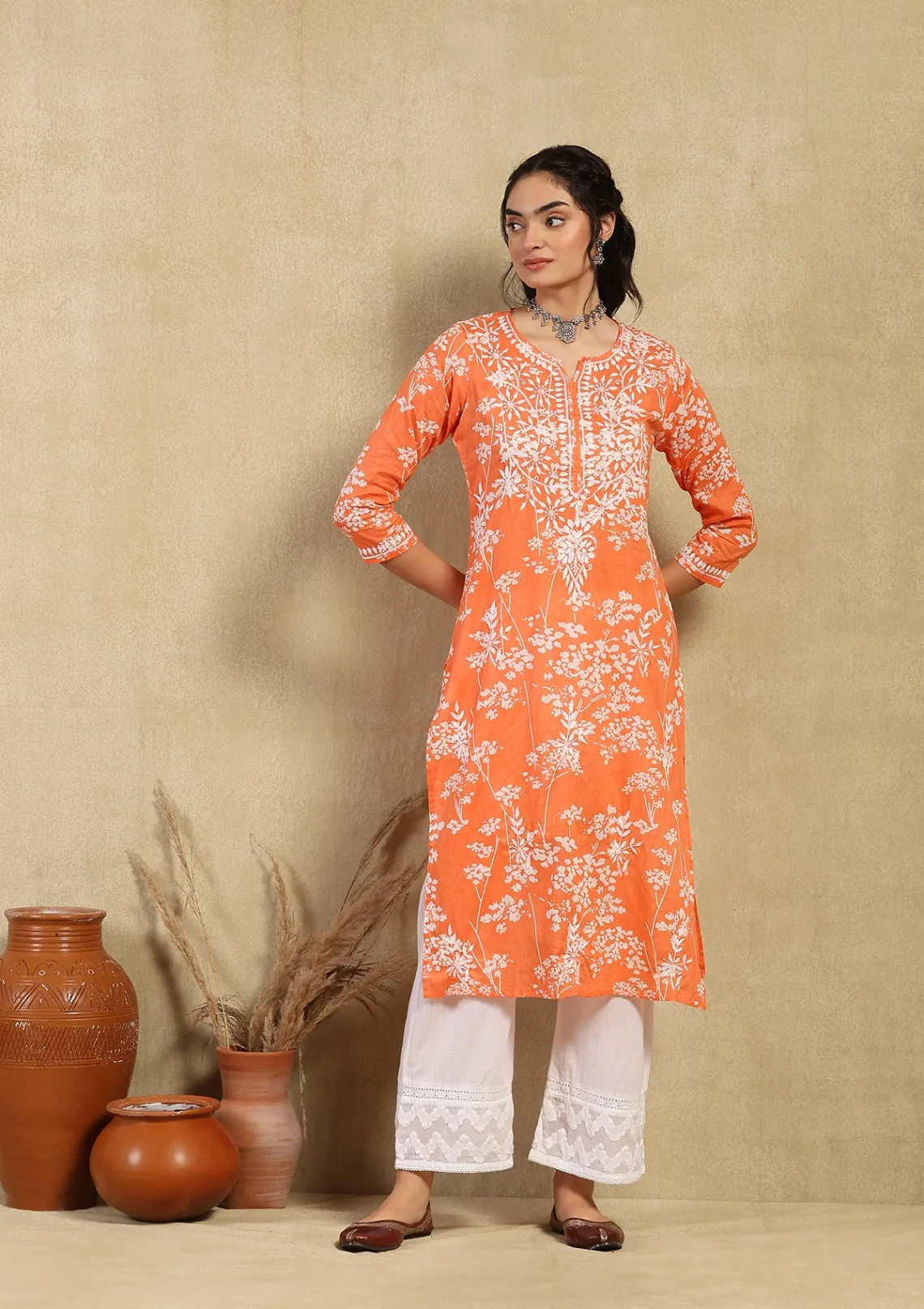 HOC Zainab Chikankari Mulmul Printed Straight Kurta -Orange - Healthber
