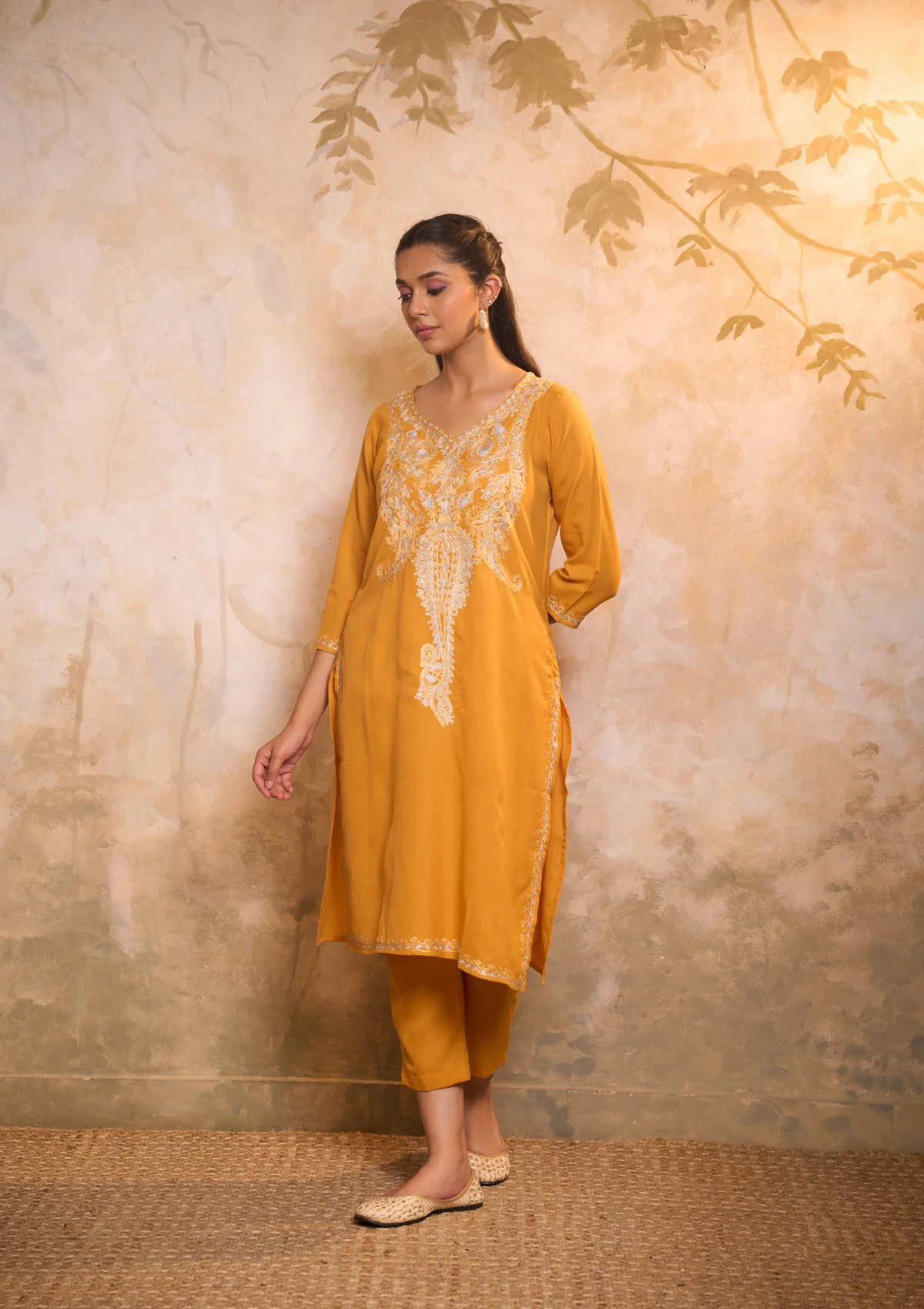 HOC Cotton Embroidered Aari With Zari Work Solid Women's 2 PC Long Kurta Set - Yellow - Healthber