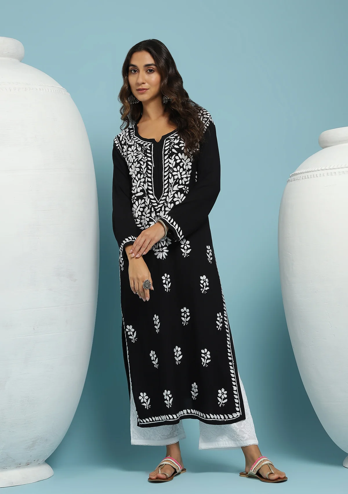 HOC Rayon Chikankari Solid Women's Long Kurta - Black - Healthber