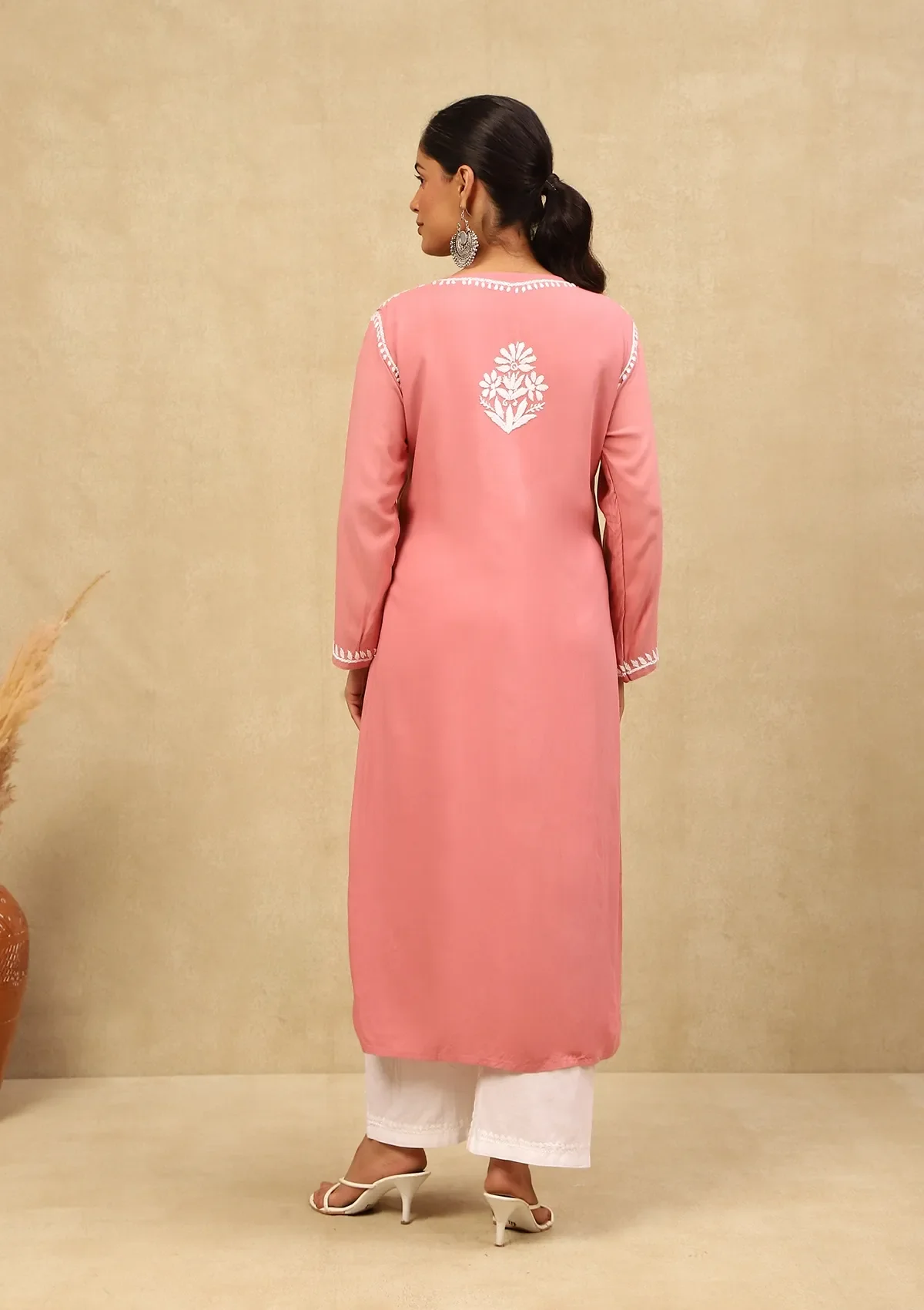 HOC Rayon Chikankari With Mukaish Solid Women's 2 PC Long Kurta Set - Dark Pink - Healthber