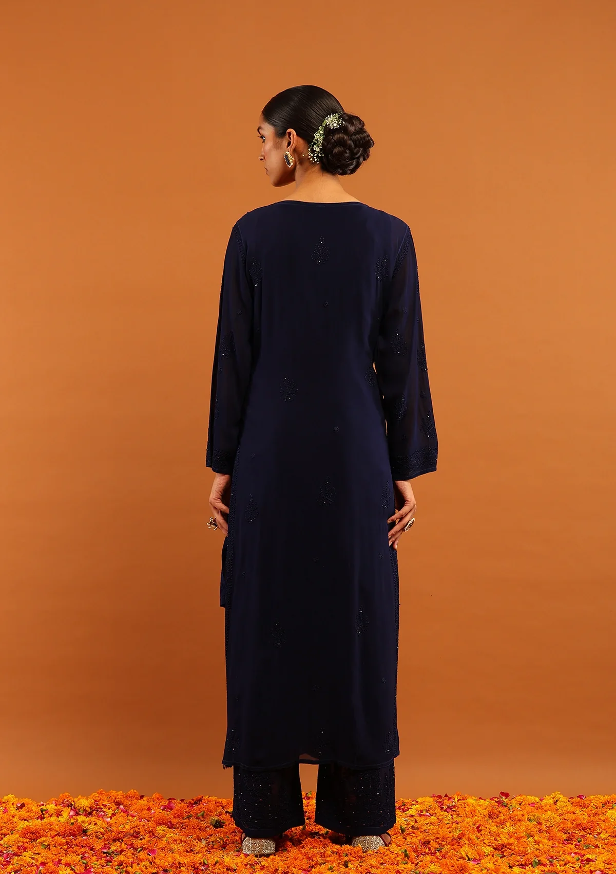 HOC Viscose Georgette Chikankari Mukaish & Kamdani Solid Women's 4 PC Long Kurta Set-Navy Blue - Healthber