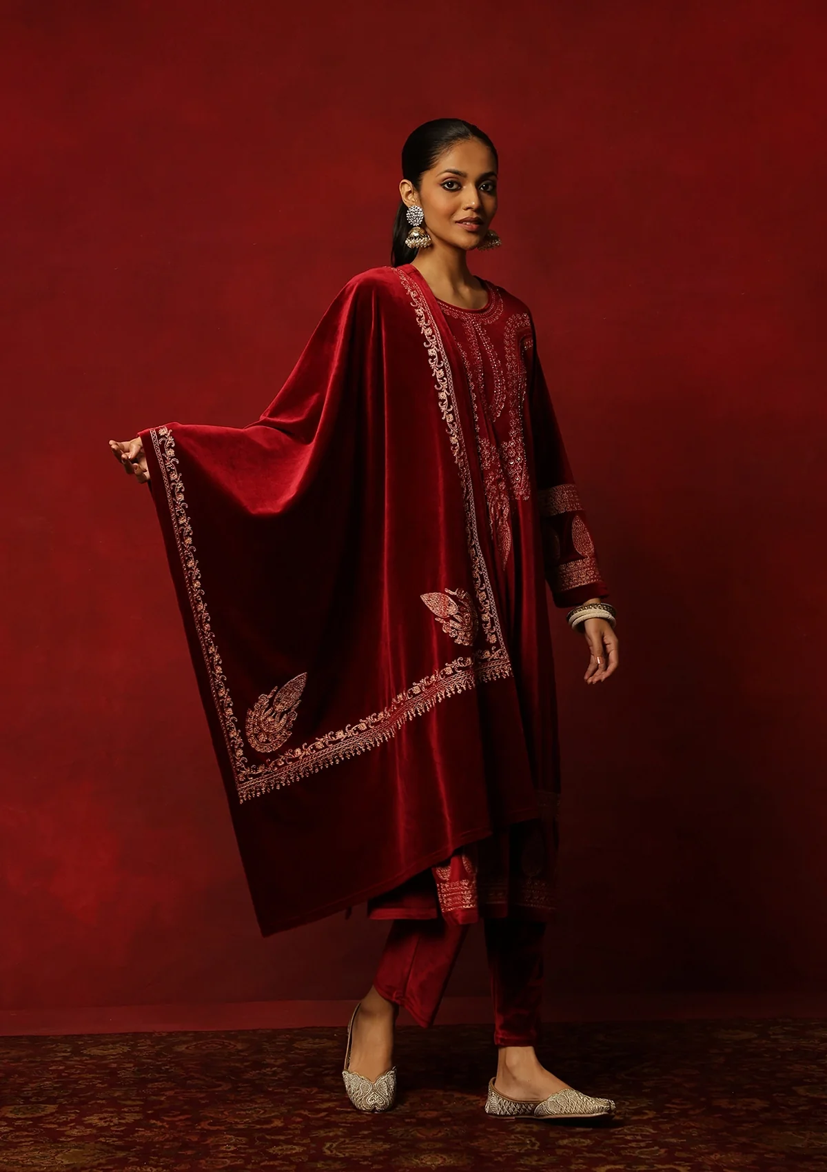 HOC Velvet Embroidered & Embellished Solid Women's 3 PC Kurta Set- Maroon - Healthber