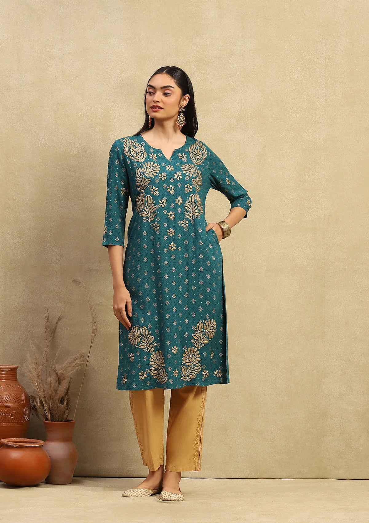 HOC Rayon Chikankari Printed Women's Long Kurta - Sea Green - Healthber