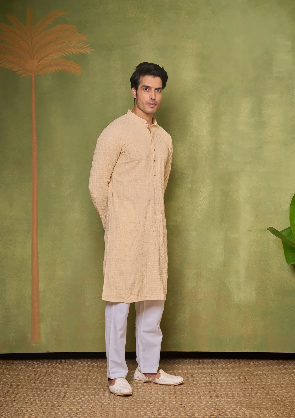HOC Rayon Embroidered With Sequins Solid Men's Long Kurta- Beige - Healthber