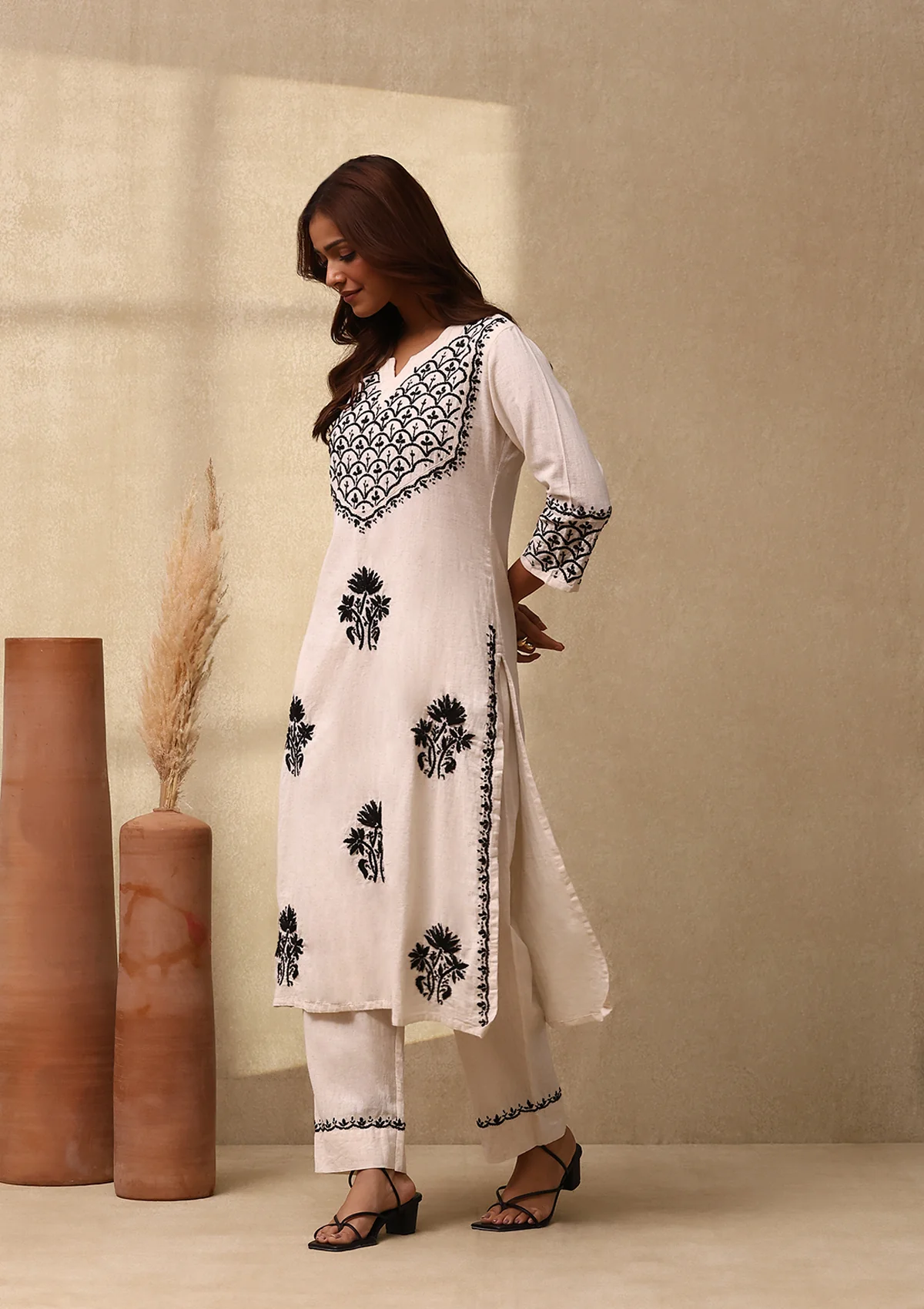 HOC Cotton Linen Blend Chikankari Solid Women's 2PC Long Kurta Set - Off White - Healthber