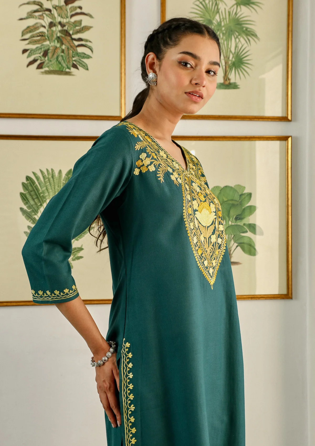 HOC Aari Embroidered Cotton Solid Women's 2PC Long Kurta Set - Teal Green - Healthber