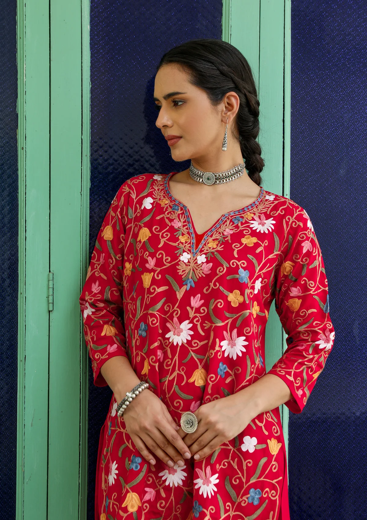 HOC Aari Embroidered Cotton Solid Women's 2 PC Co-ord Set - Red - Healthber