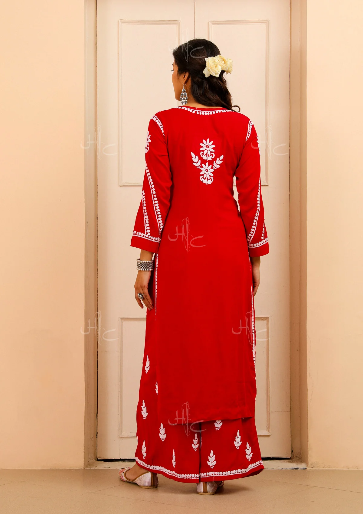 HOC Modal Chikankari Solid Women's Kurta Set - Red - Healthber