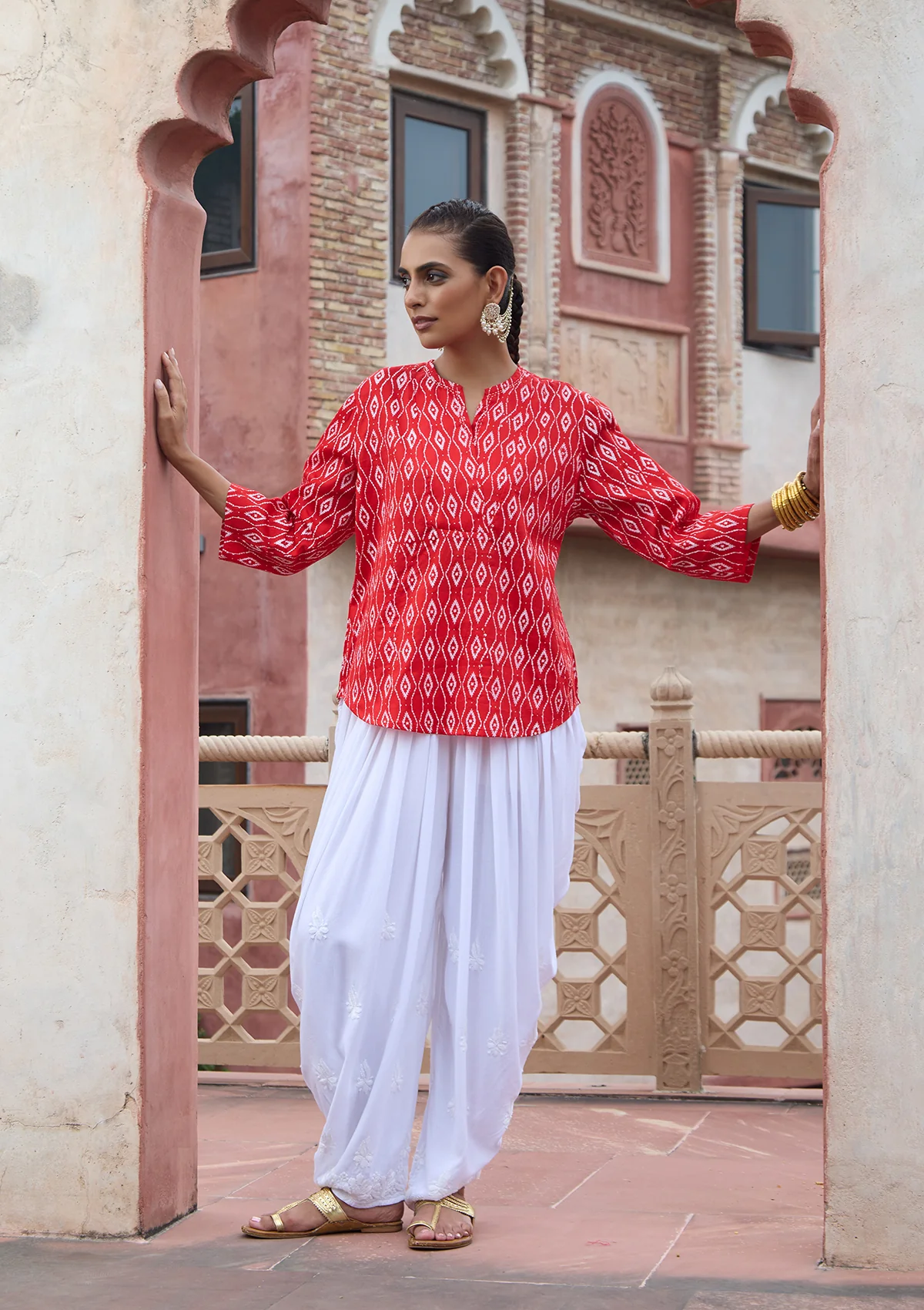 HOC Glazed Cotton Hand Block Printed with Hand Embroidery Women's Short Kurta - Red - Healthber