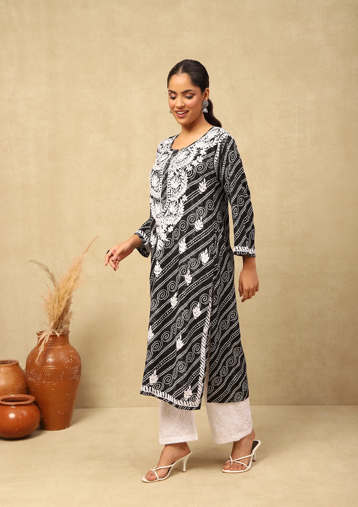 HOC Rayon Chikankari Bandhani Printed Women's Long Kurta-Black - Healthber