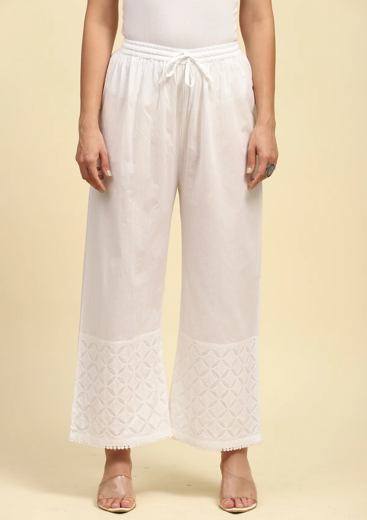 HOC Cotton Chikankari Solid Women's Palazzo - White - Healthber