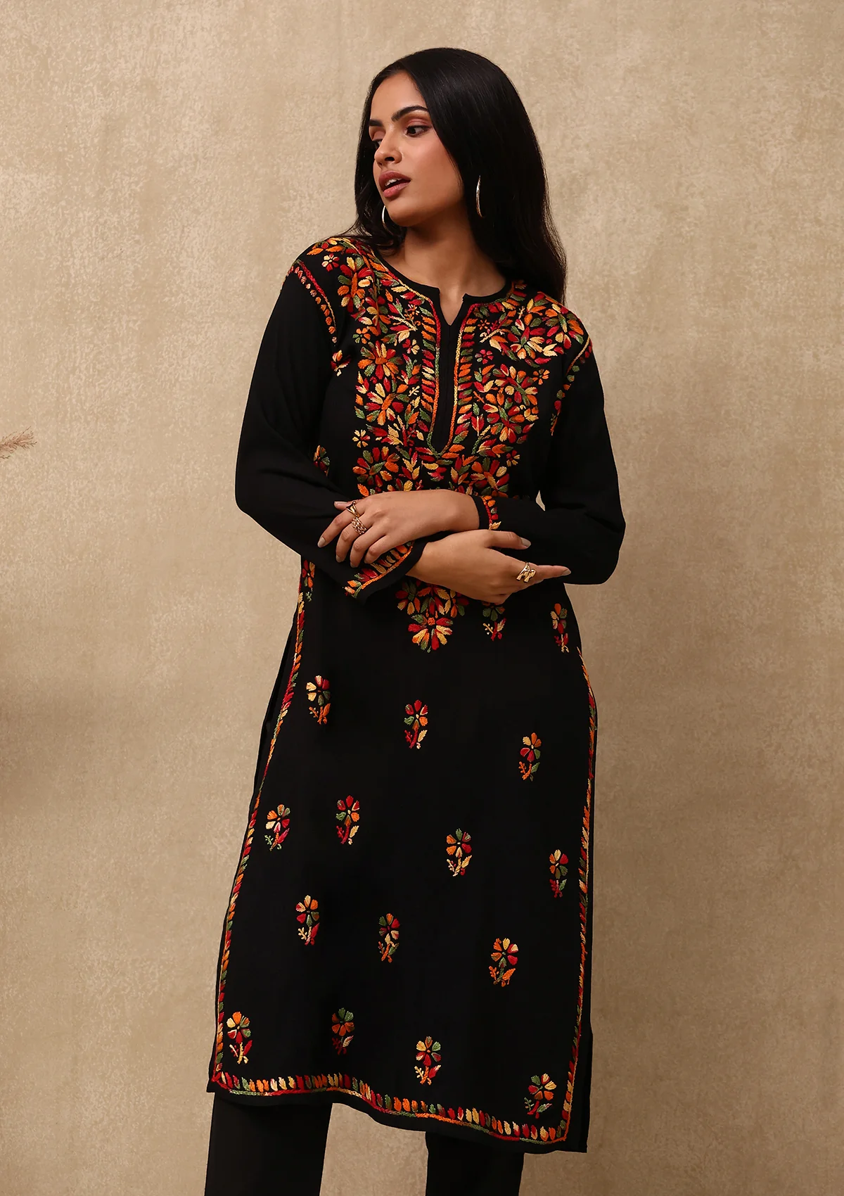 HOC Rayon Chikankari Solid Women's Long Kurta - Black - Healthber