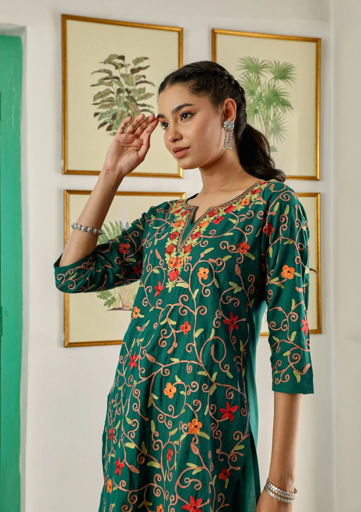 HOC Aari Embroidered Cotton Solid Women's 2PC Long Kurta Set - Teal Green - Healthber