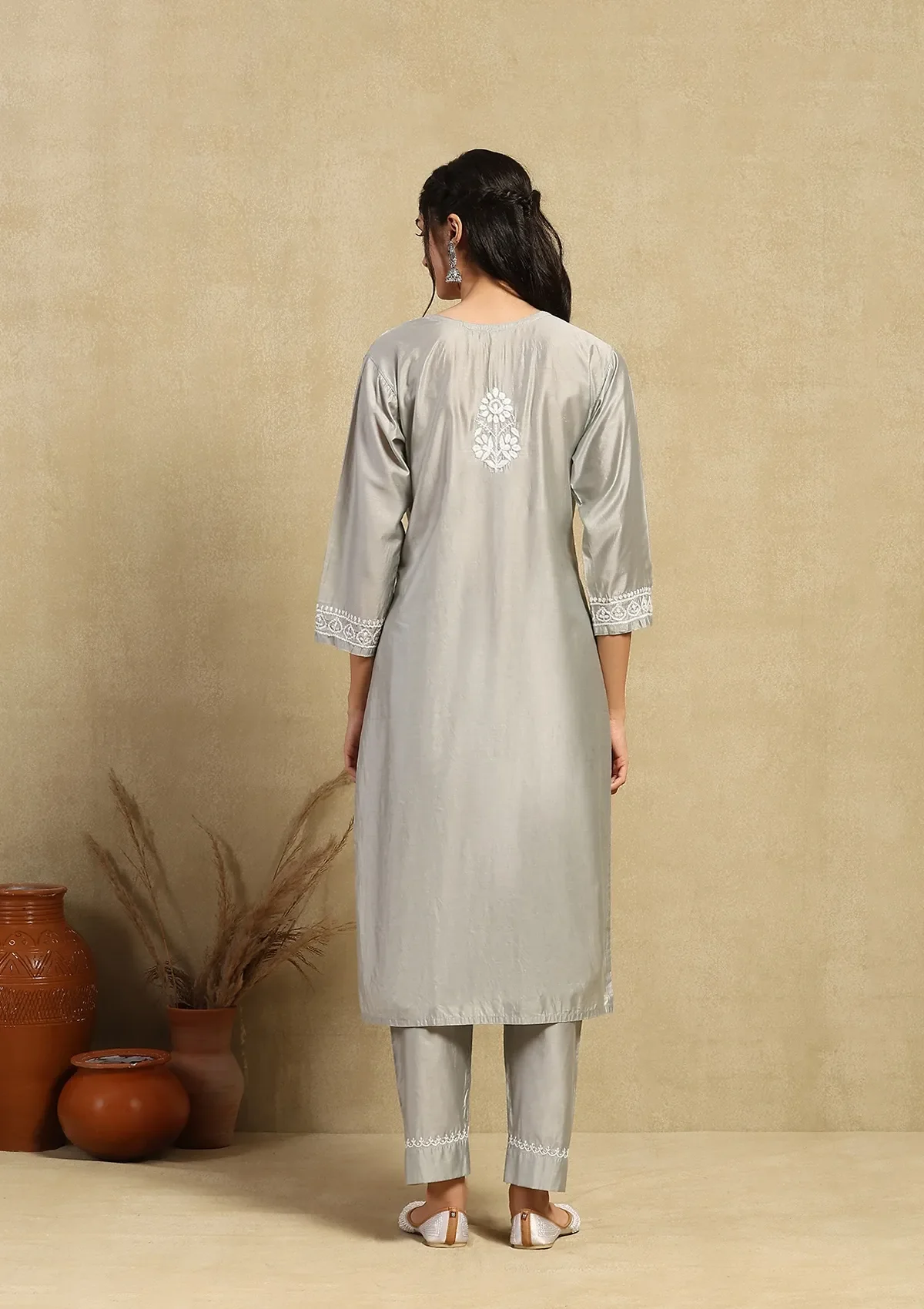 HOC Chanderi Chikankari Solid Women's 2PC Long Kurta Set -Grey - Healthber