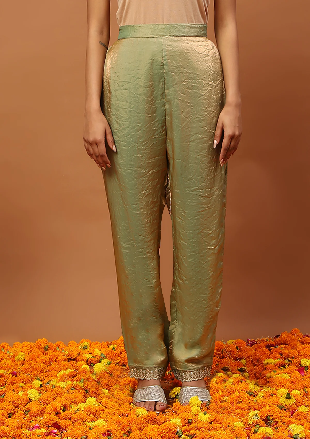 HOC Satin Tissue Silk Zardozi with Sequins Solid Women  s 3 PC Straight Kurta Set - Pista Green - Healthber