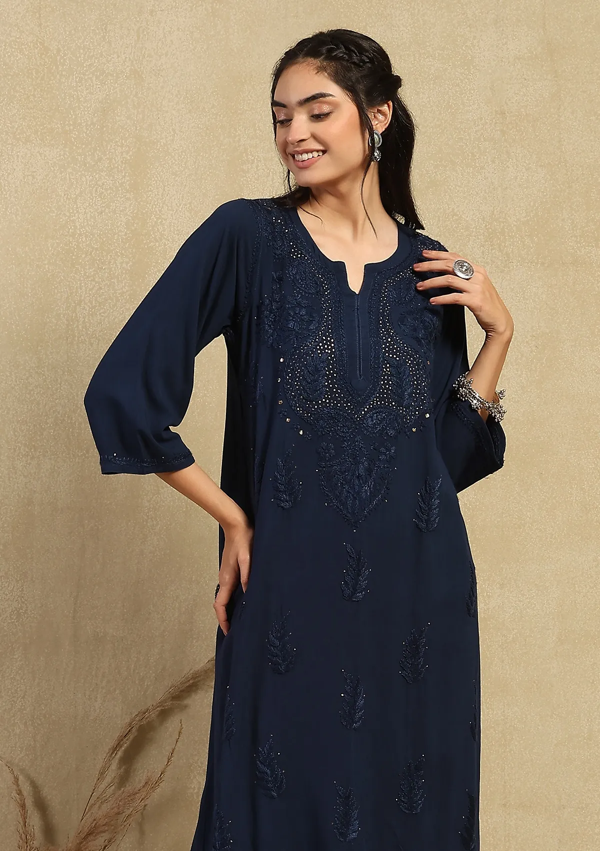HOC Rayon Chikankari Mukaish Solid Women's 2PC Long Kurta Set -Navy Blue - Healthber