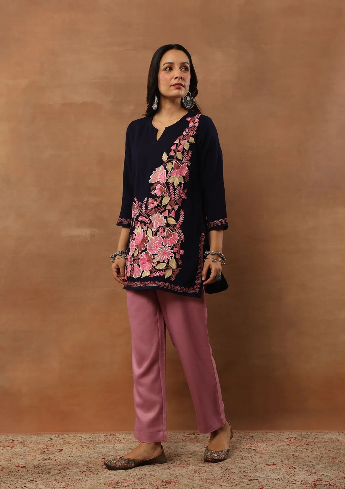 HOC Aari Embroidered Woollen Solid Women's Short Kurta - Navy Blue - Healthber