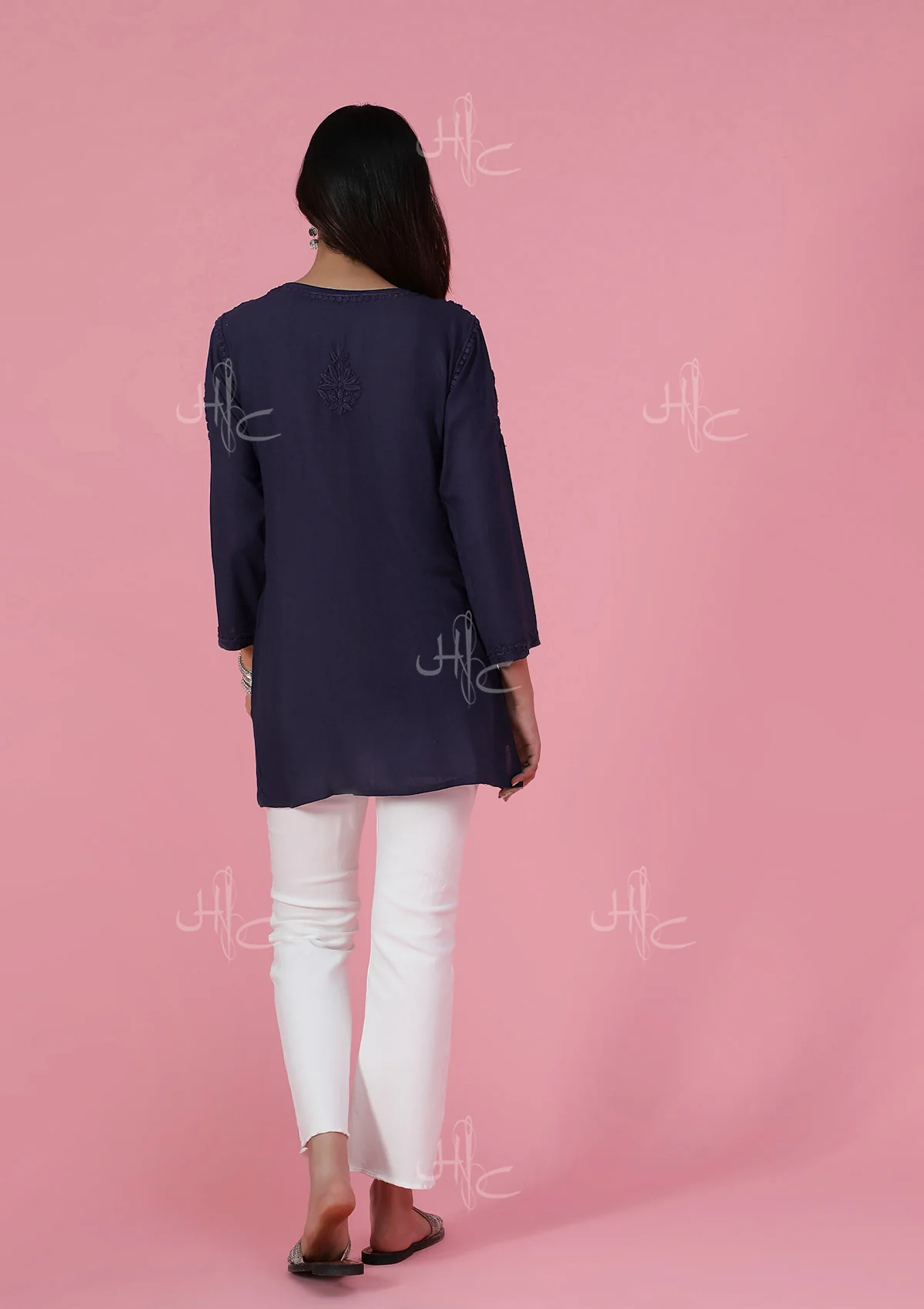 HOC Rayon Chikankari Solid Women's Short Kurta - Navy Blue - Healthber