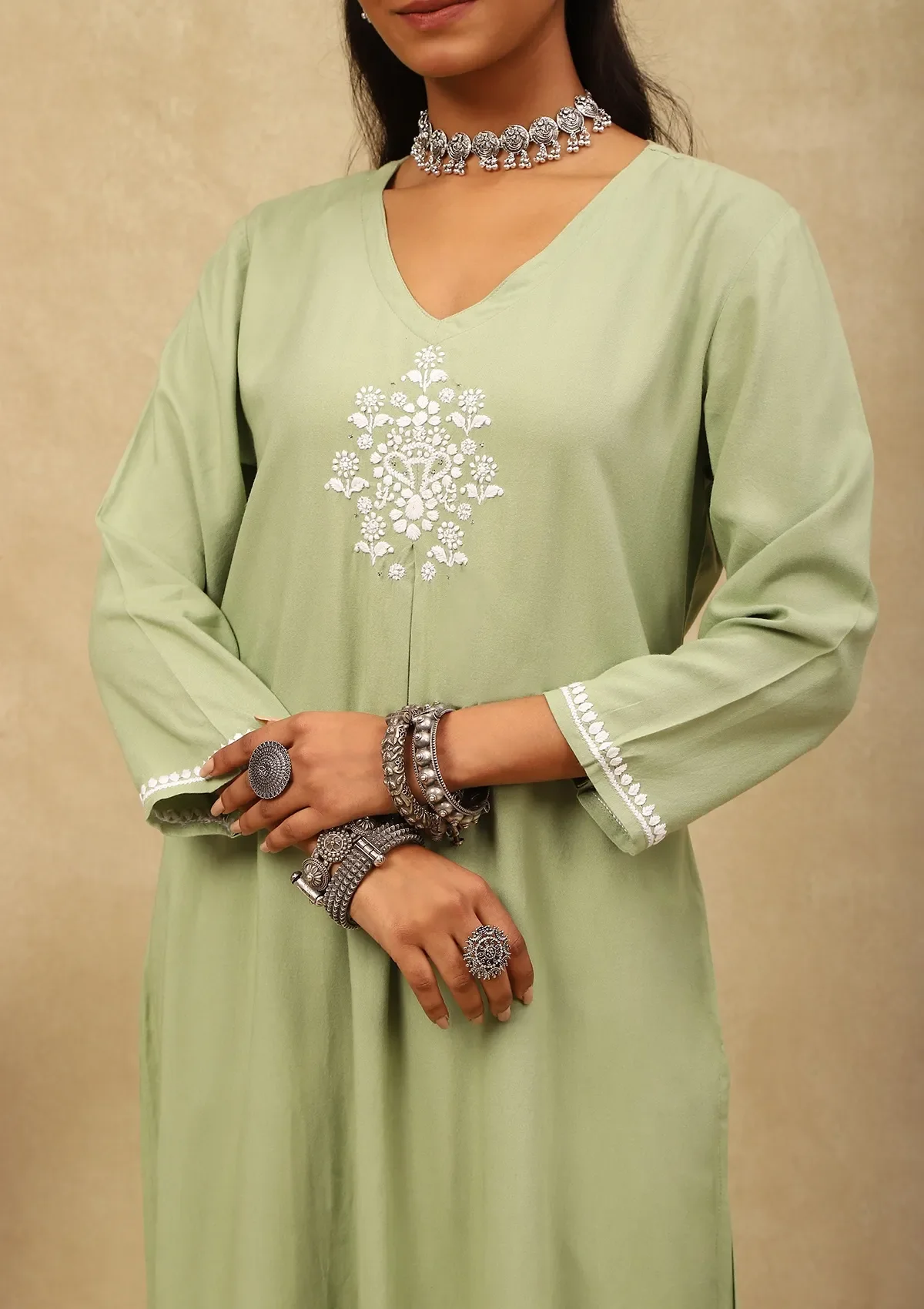 HOC Rayon Chikankari With Mukaish Solid Women's 2 PC Long Kurta Set - Green - Healthber