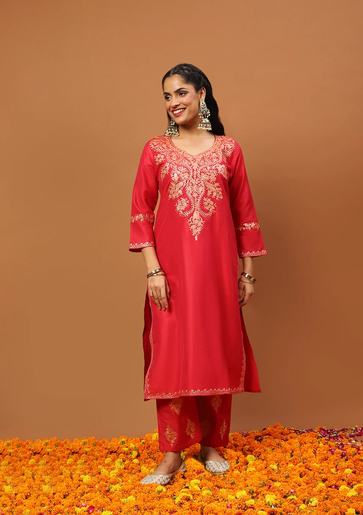 HOC Art Silk Embroidered Zari Work Solid Women's 2 PC Long Kurta Set - Red - Healthber
