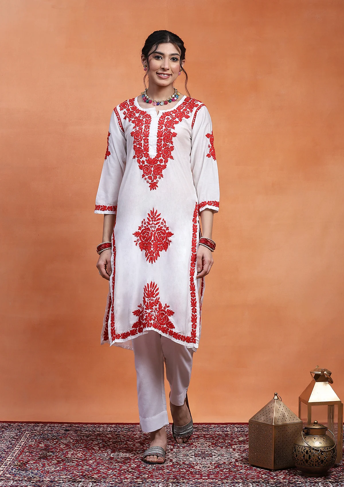 HOC Chanderi Chikankari Solid Women's Long Kurta  - White - Healthber