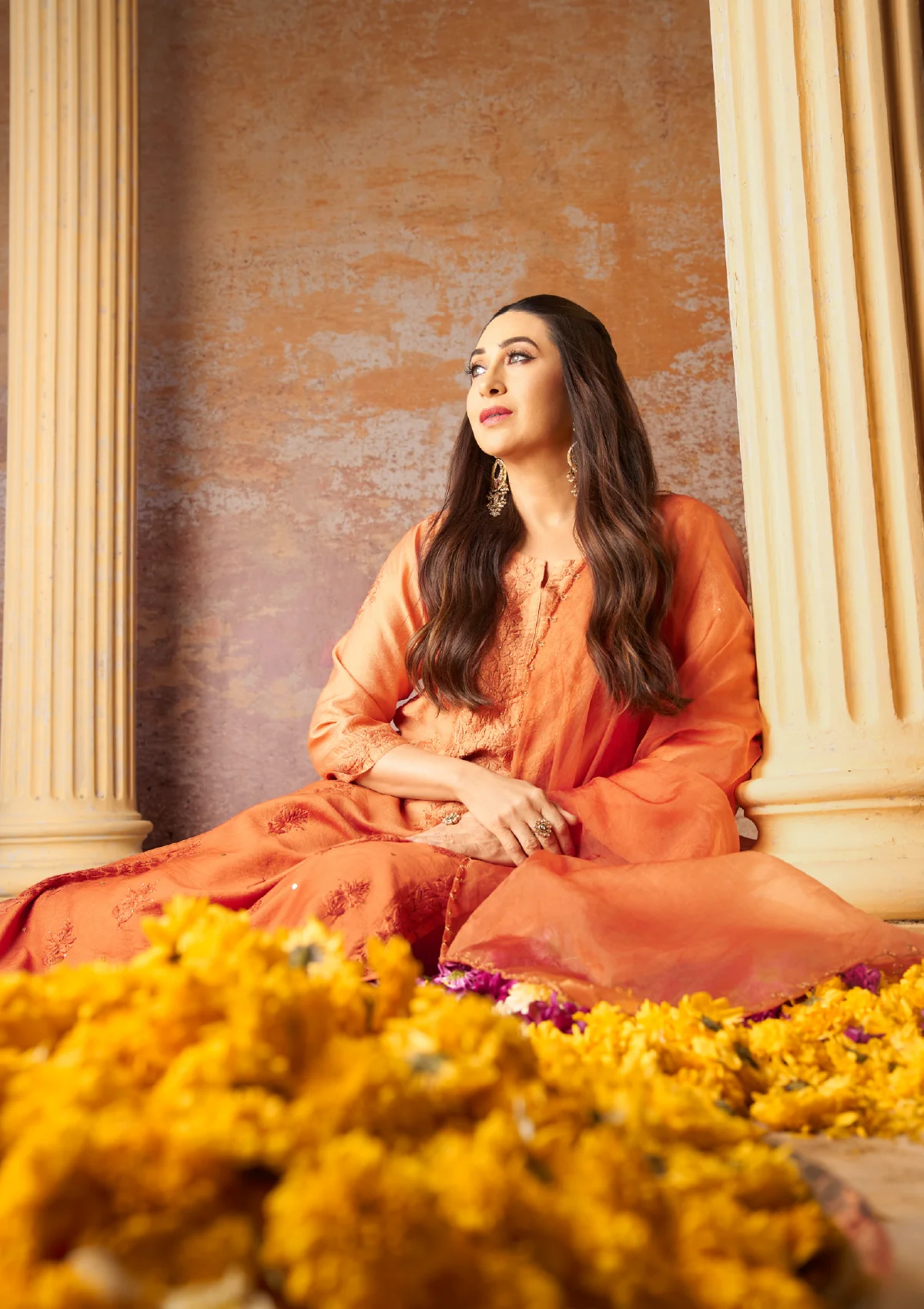 Karisma Chanderi Chikankari Mukaish With Kamdani Work Solid Women's 3 PC Long Kurta Set - Orange - Healthber