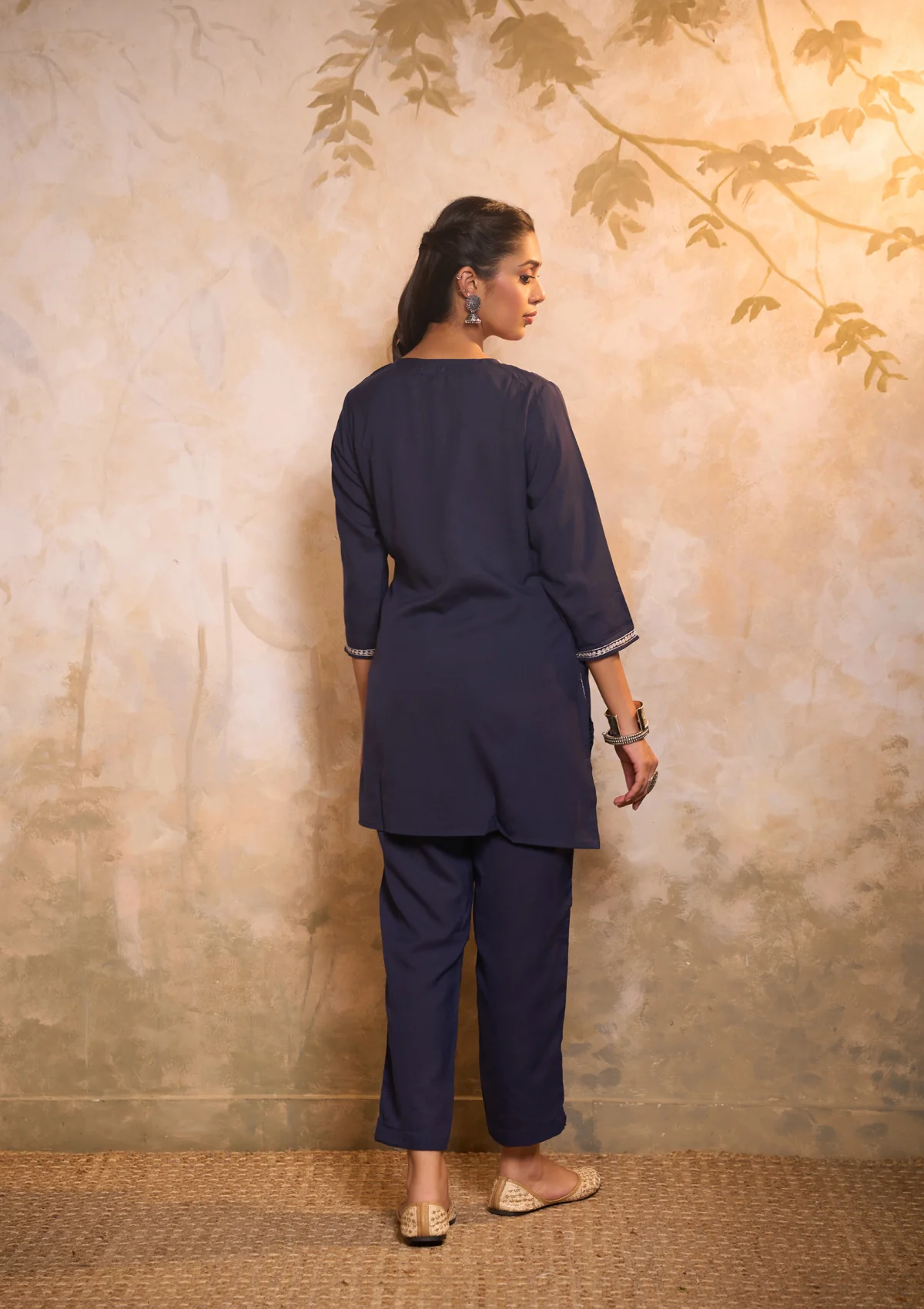 HOC Cotton Embroidered Zari Work Solid Women's 2 PC Co-ords-Set - Navy Blue - Healthber