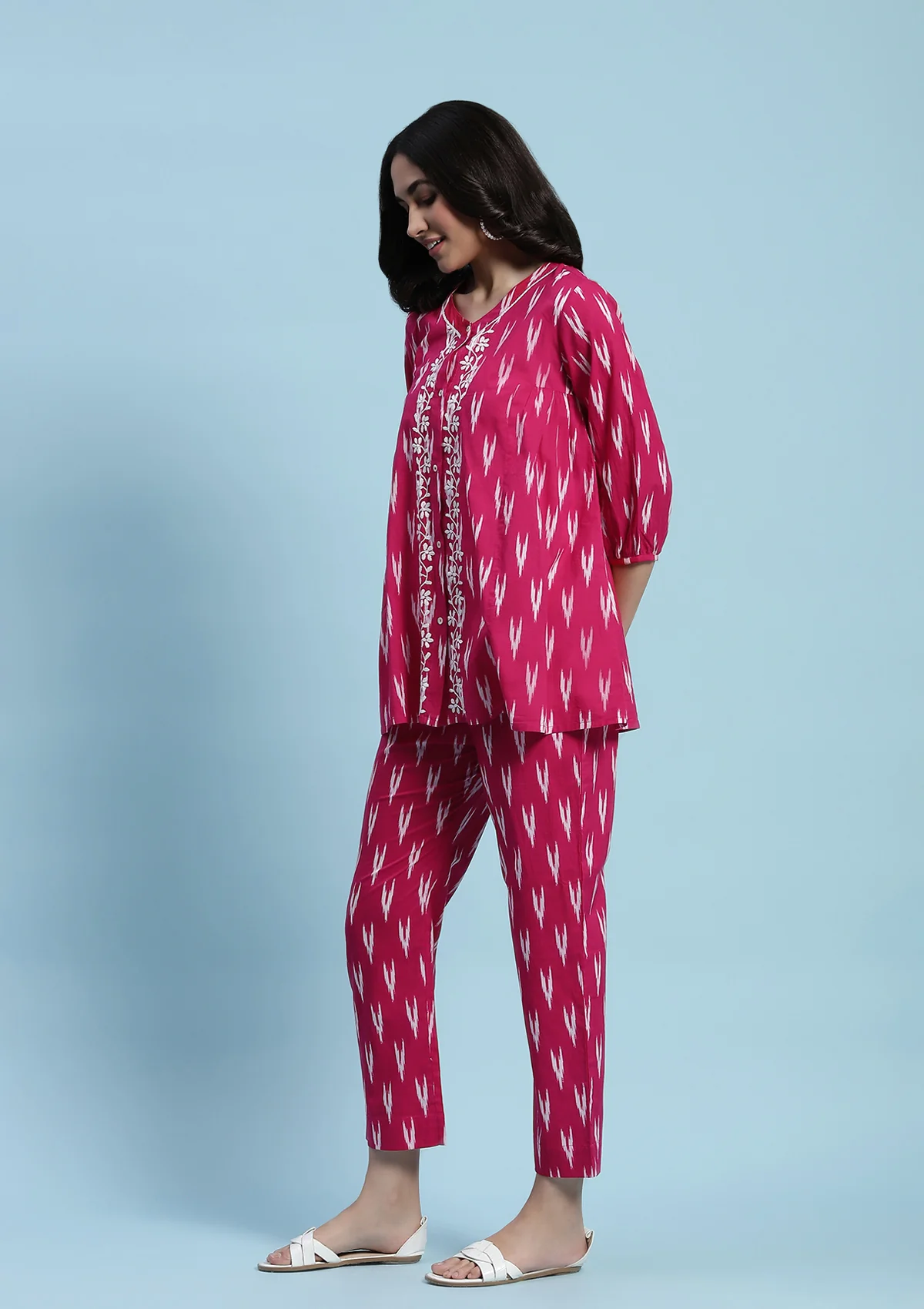 Cotton Chikankari Printed Women's 2 PC Co-ord Set - Pink - Healthber