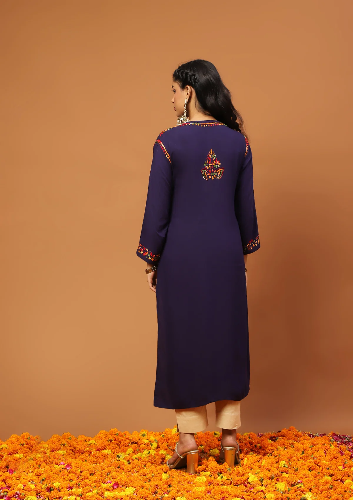 HOC Rayon Chikankari Solid Women's Long Kurta -Dark Blue - Healthber