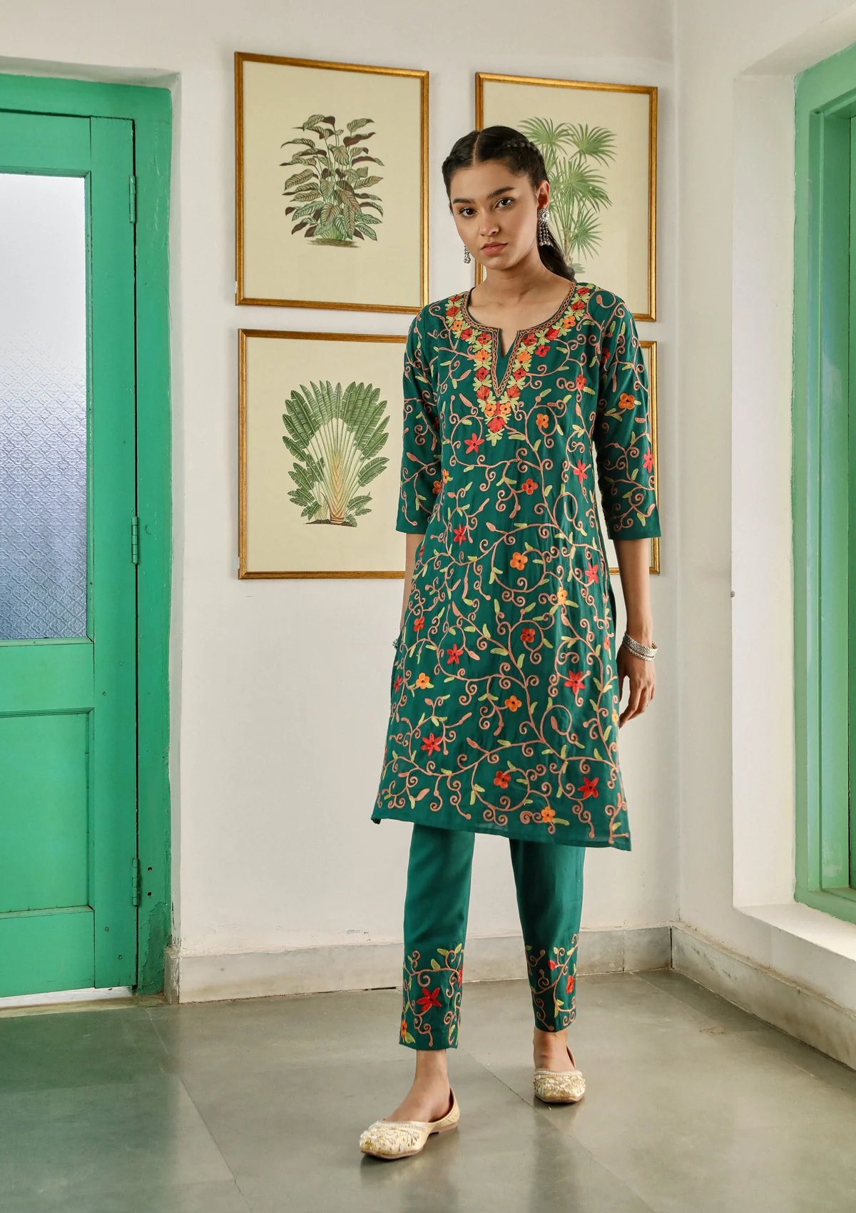 HOC Aari Embroidered Cotton Solid Women's 2PC Long Kurta Set - Teal Green - Healthber