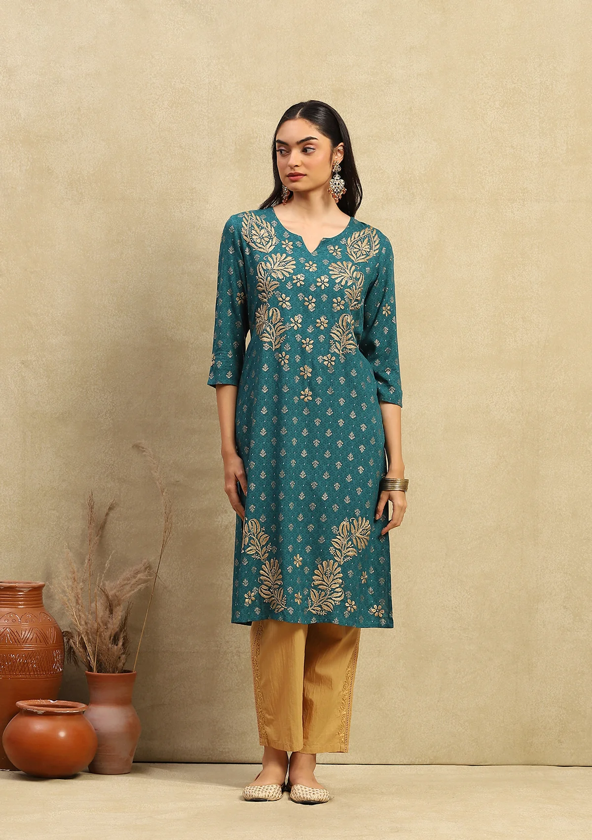 HOC Rayon Chikankari Printed Women's Long Kurta - Sea Green - Healthber