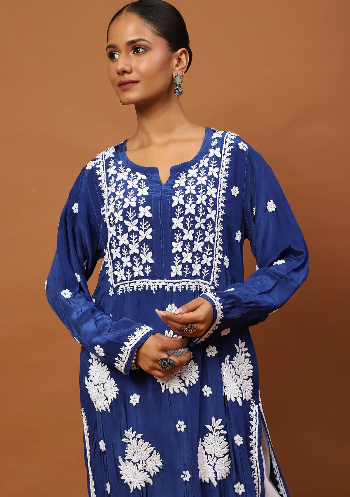 HOC Satin Crepe Chikankari Solid Women's Long Kurta - Dark Blue - Healthber