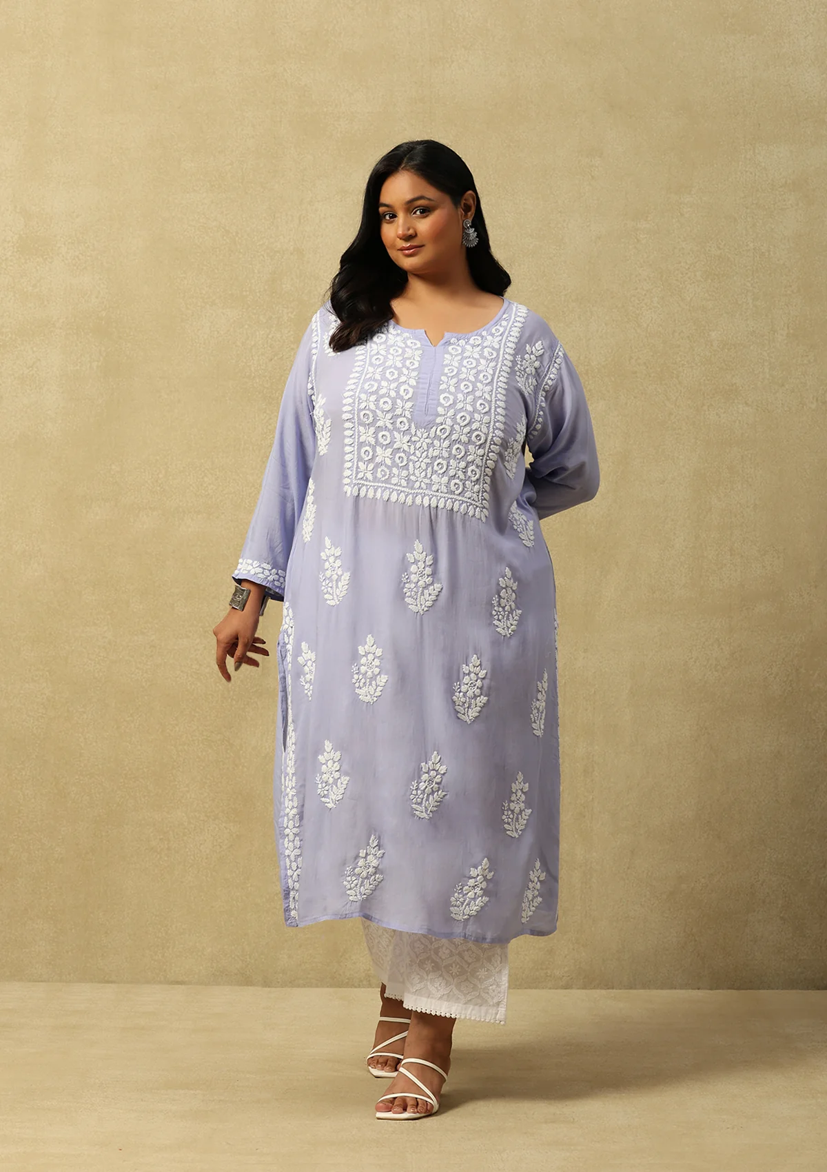 HOC Modal Chikankari Solid Women's Long Kurta -Lavender - Healthber