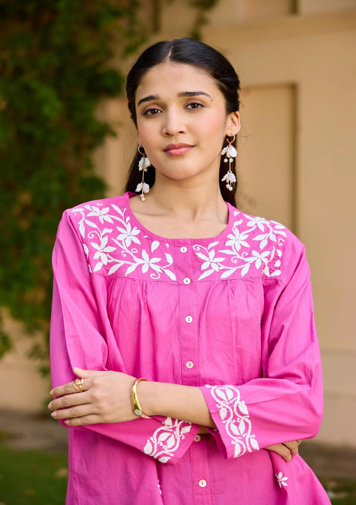 HOC Cotton Chikankari Solid Women's Shirt - Pink - Healthber