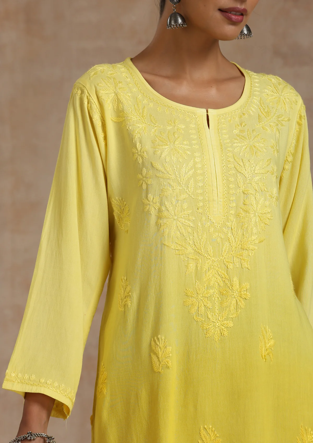 Rayon Chikankari Solid Women's Short Kurta - Yellow - Healthber