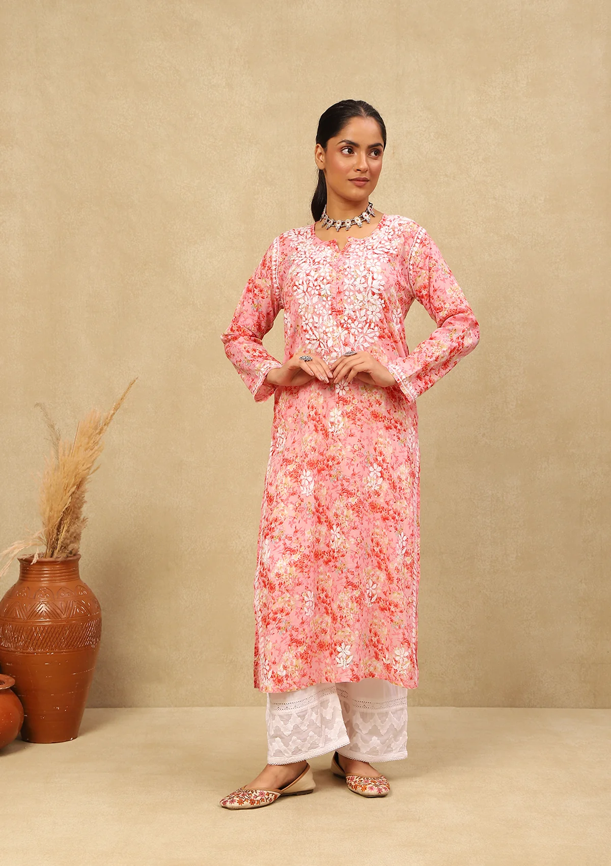 HOC Mulmul Chikankari Printed Women's Long Kurta -Pink - Healthber